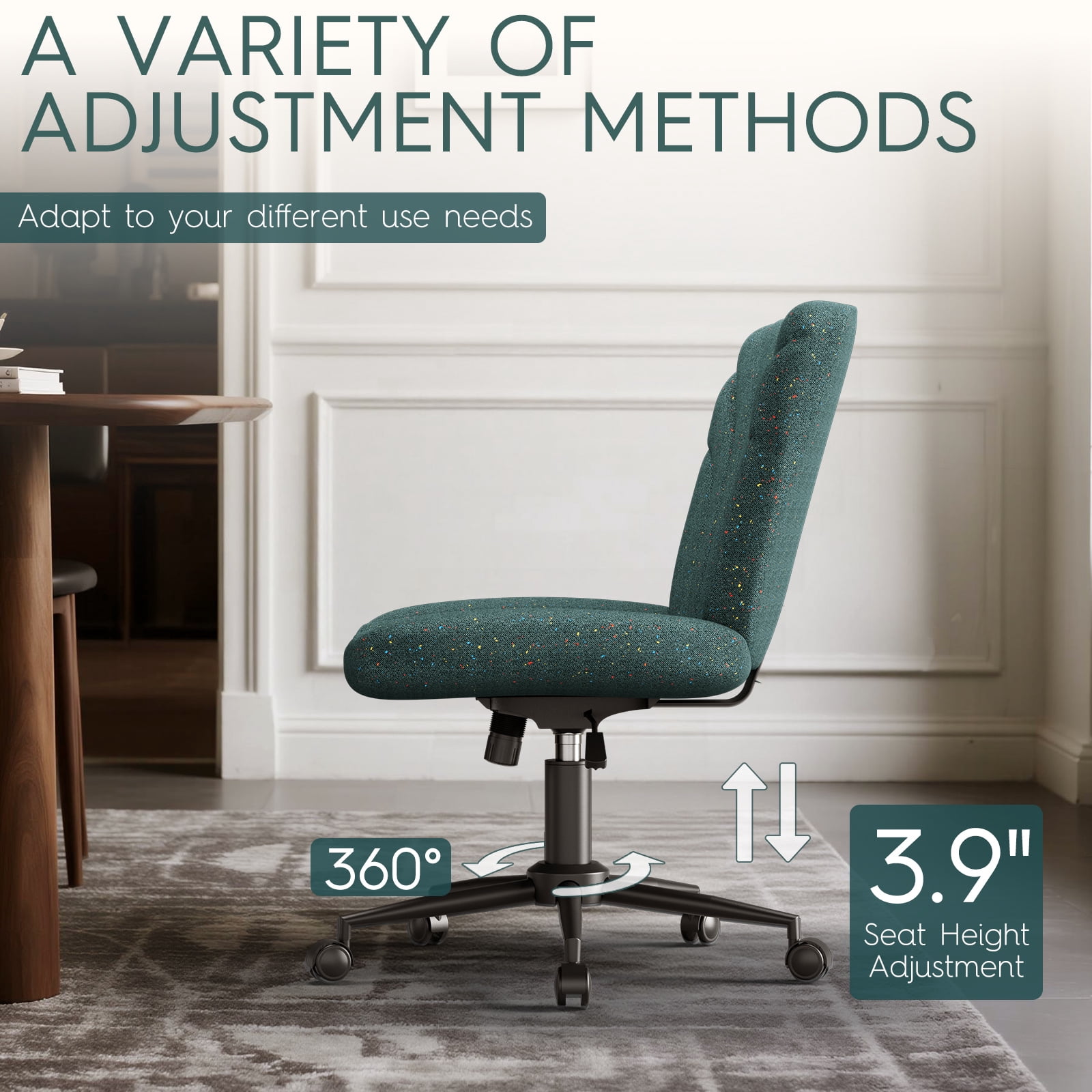 Luxvie Criss Cross Chair with Wheels, Ergonomic Office Cross Legged Swivel Chairs for Adult with Thick Cushion, Oversized Wide Seat Office Desk Comfy Chair for Home Office Vanity Apartment, Green
