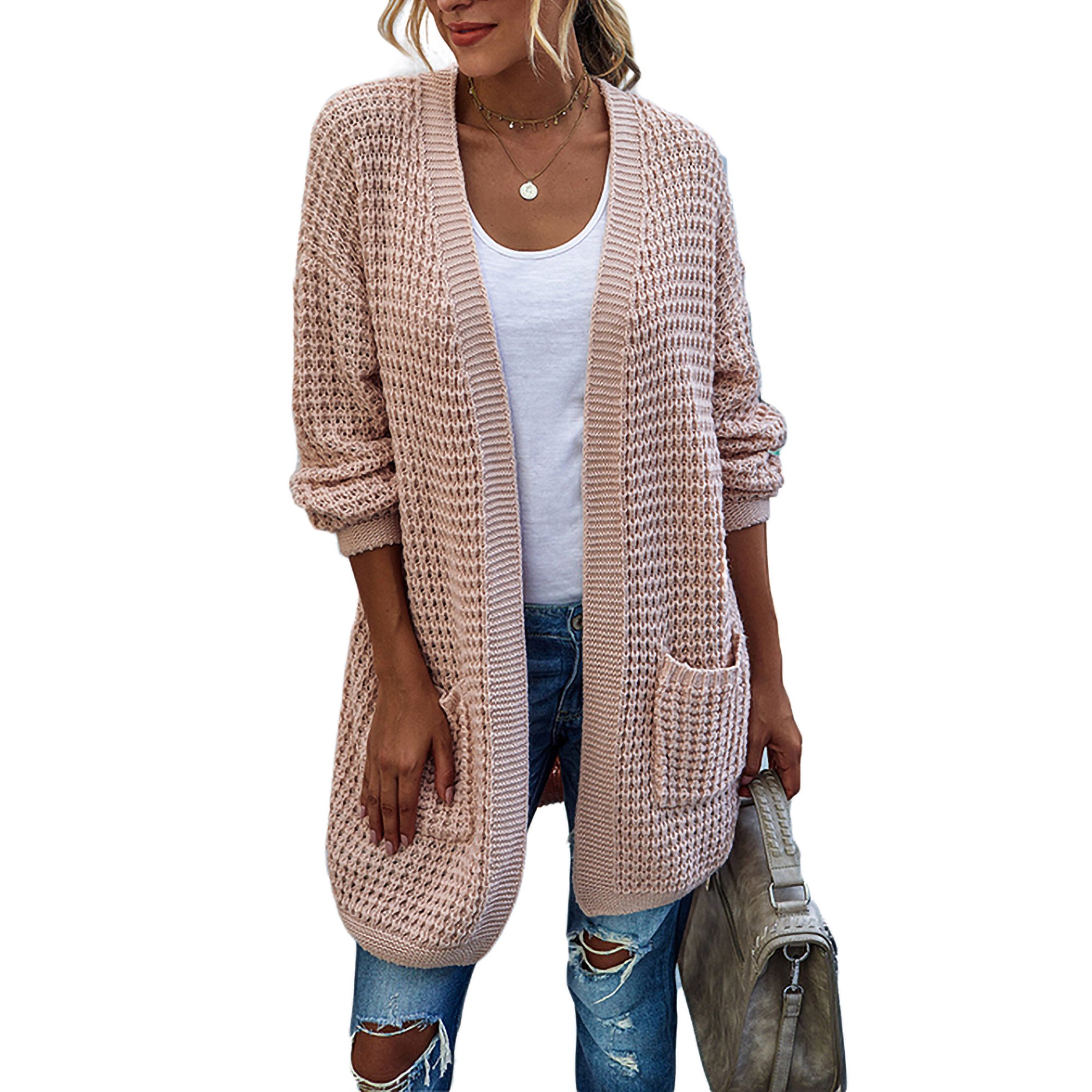 Pull Long Femme En Tricot Côtelé - Chaud, Manches Longues Avec Poches, Col Rond, Couleur Unie