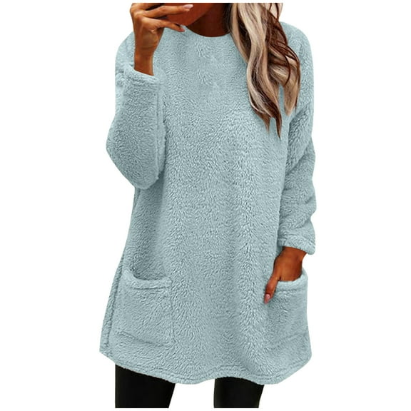 CaComMARK PI Women's Long Sleeve Tops Clearance Shirts Fall Clothing Winter Loose Solid Color Pocket Warm Blouse