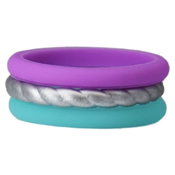 Purple, Silver, Teal Stackable Silicone Ring 3 Pack Size 4 By Lifebeats