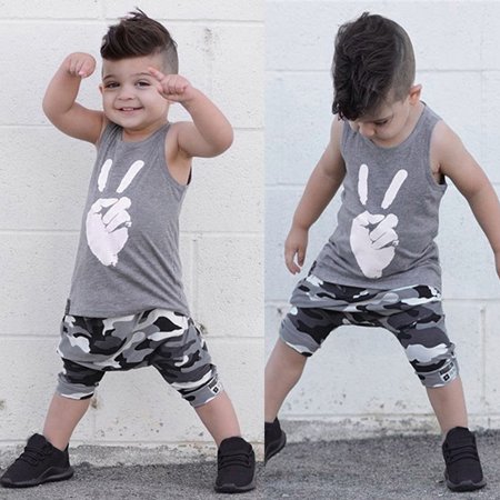 

DAETIROS Prevalent 2Pcs Victory New Comfy Soft T Shirt Vest Camouflage Shorts Outfits Set （12M-5Y） Girls Shorts Gray