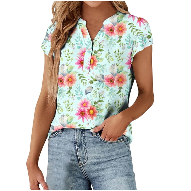 Camisas de Manga Corta para las Mujeres Blusas de Impresión Casual Camisas de Botón Camiseta de Cuello en V, Blusas de Manga Corta para las Mujeres