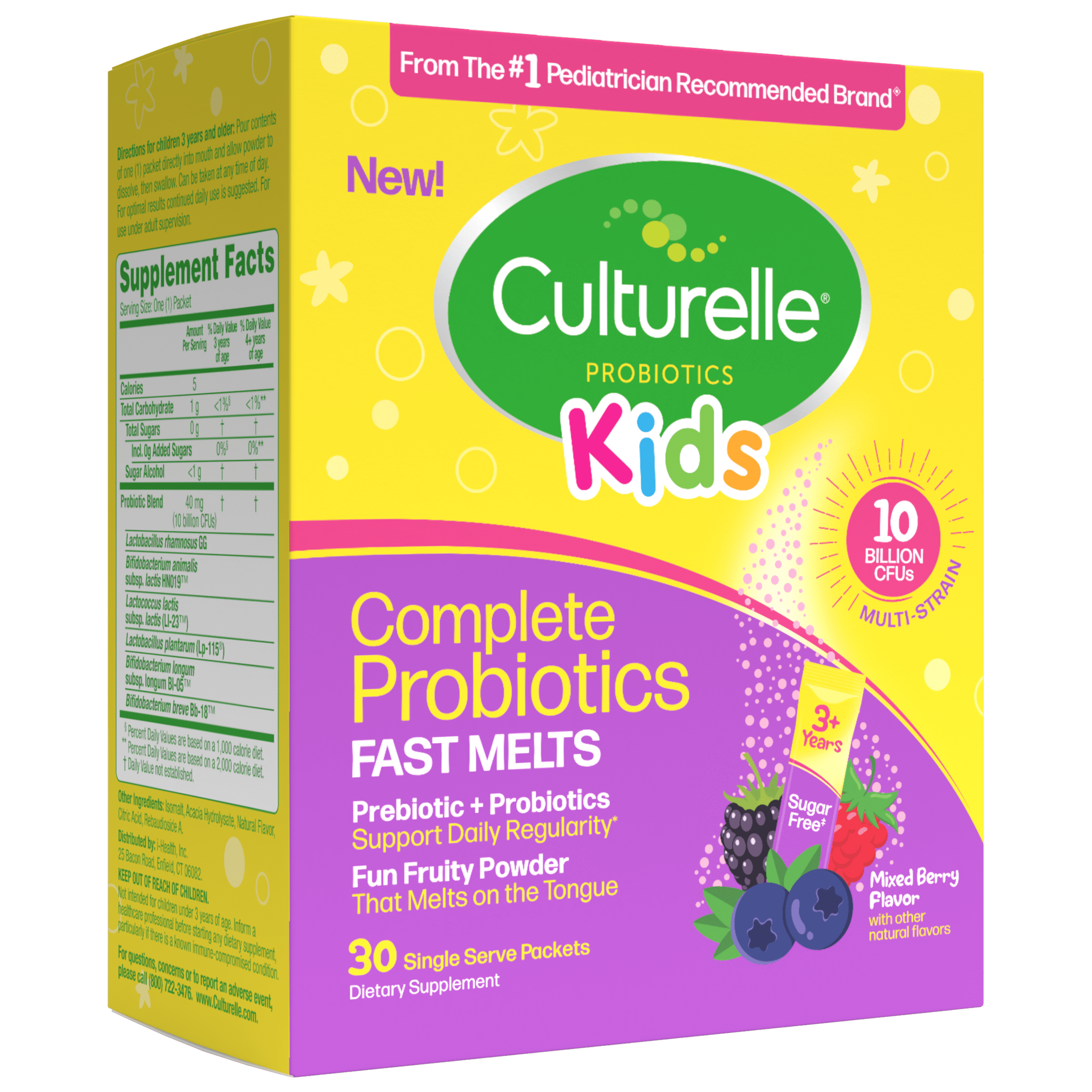 Culturelle Probiotics Kids Complete Probiotics Fast Melts Daily Supplement, Immunity & Digestion Support for Children, Mixed Berry Flavor, 30 Packets