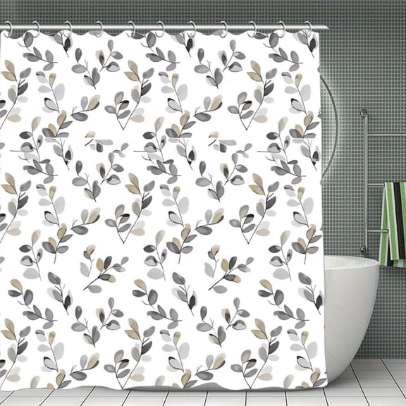 Potopok Modern Grey & Tan Leaf Shower Curtain, minimalist botanical, waterproof polyester with hooks, works well in bathroom, shower, or room divider, 70.8x70.8 Inch
