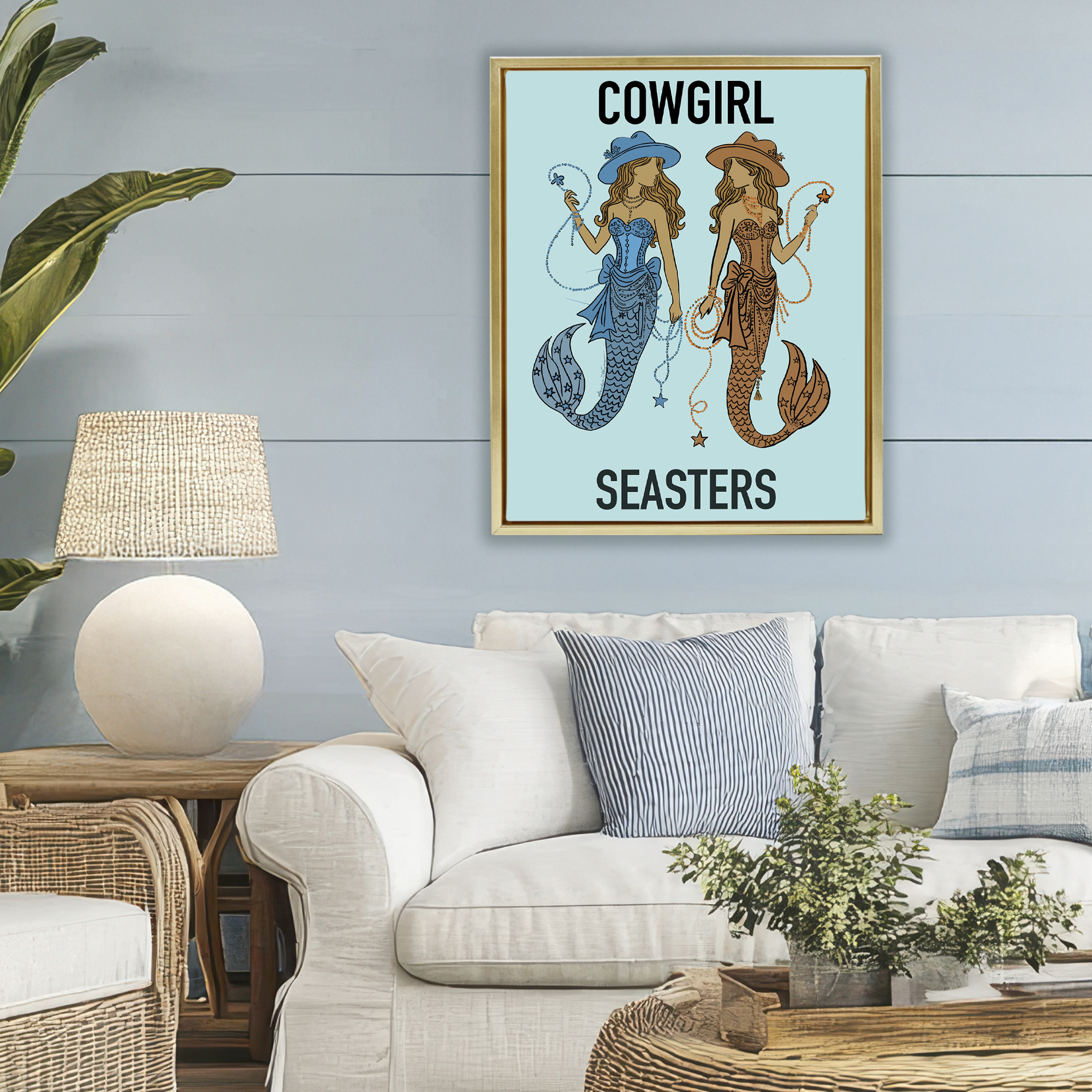 Cowgirl Seasters Mermaid Friendship Gold Framed Floater Canvas Wall Art, design by Amelia Noyes