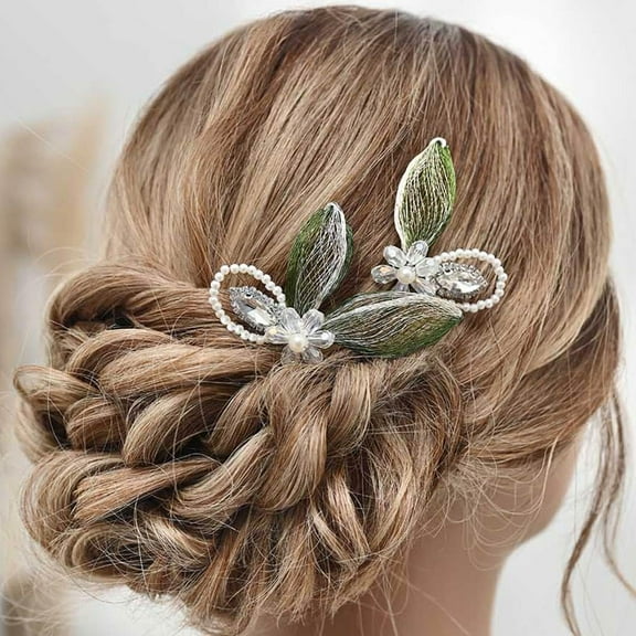 Wedding Hair Accessories Green Leaf Bridal Hair Pins Crystal Bride Wedding Hair Piece Prom Pearl Hair Clips for Women and Girls