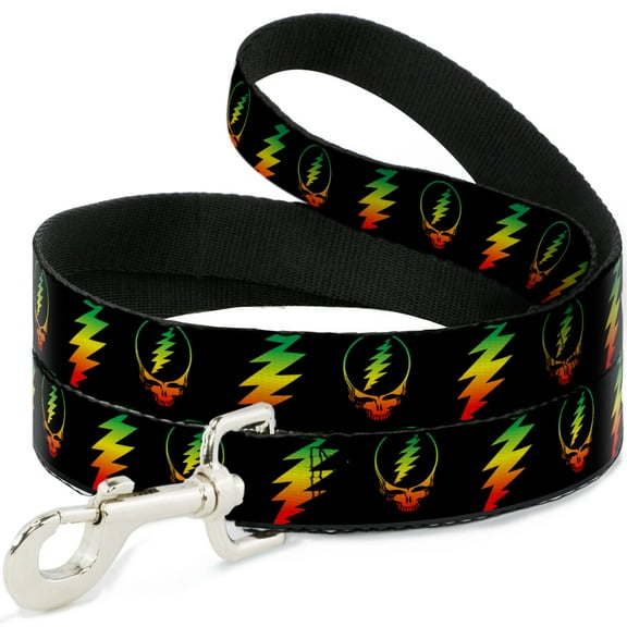 Grateful Dead Pet Leash, Dog Leash, Steal Your Face Lightning Bolt Repeat Black Rasta, 4 Feet Long 1.5 Inch Wide