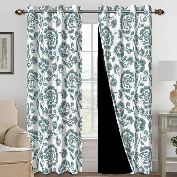 Mizhona Teal Green Blackout Curtains for Bedroom,Vintage Flower Printed Room Darkening Curtains Set of 2,42"x84"