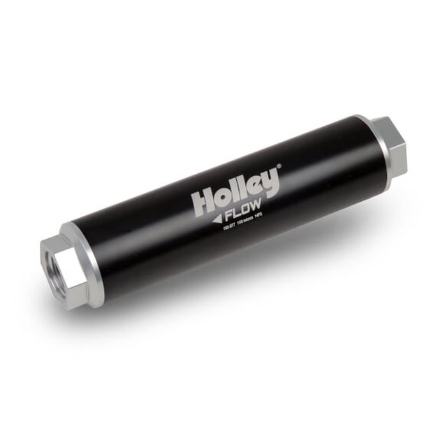 Holley Performance Fuel Filter 162-577 In-Line; Gasoline; 12AN Inlet/Outlet; 2 Inch Diameter x 8.75 Inch Length; Staless Steel Woven Mesh; Black; Anodized; Aluminum