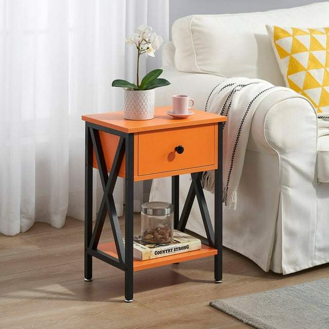 VECELO Table de Nuit avec 1 Tiroir et Tablette, Petite Table d'Appoint Moderne à Motif en X pour Salon et Chambre, Orange