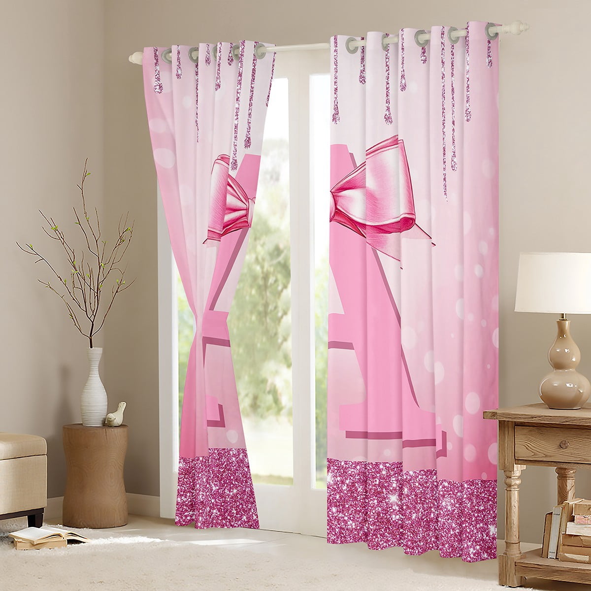 jejeloiu Monogrammed A Blackout Curtains Set of 2 (52x84 Each),Cute Girls Bowtie Window Curtains,Pink Glitter Print Curtains and Drapes For Child,Microfiber Room Decorative