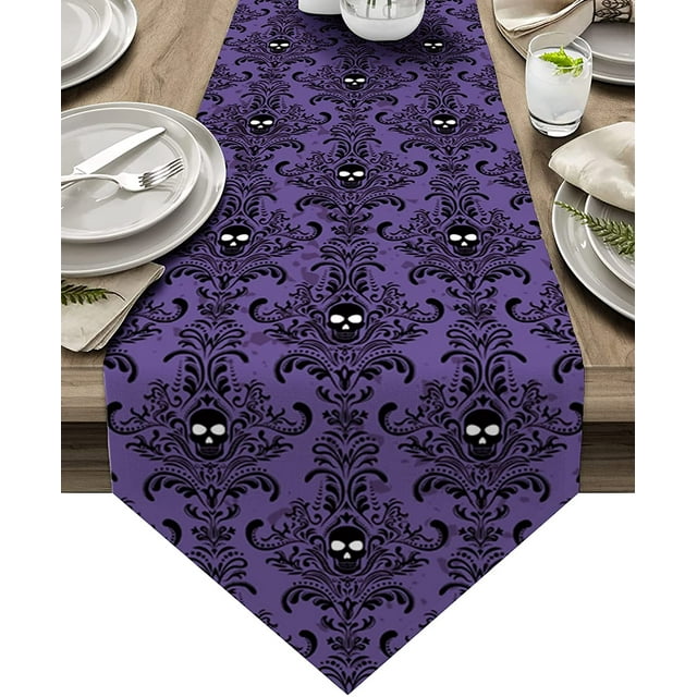 Cotton Linen Table Runners Halloween Skull Purple Background Kitchen Dining Burlap Table Decoration for Home Party Decor 18 x 72 Inch