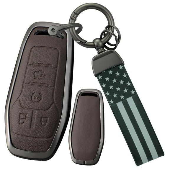 Car Key Holder Fit for Ford 4-Button 2013-2017 Smart Remote Key Case Metal and Leather Key Fob Cover Compatible with Ford F150 Fusion Mustang Edge Explorer Car Accessories