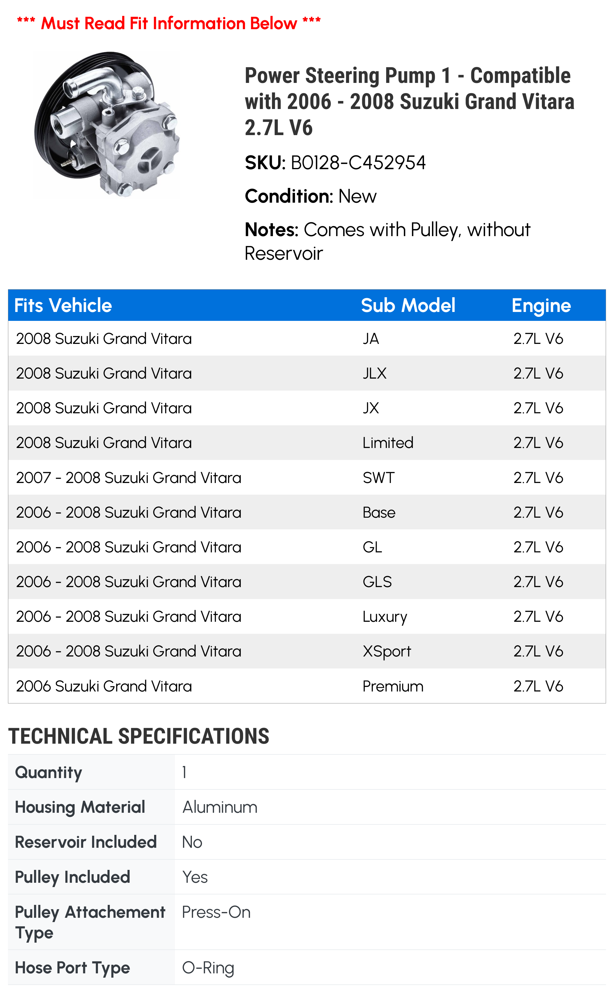 Power Steering Pump 1 - Compatible with 2006 - 2008 Suzuki