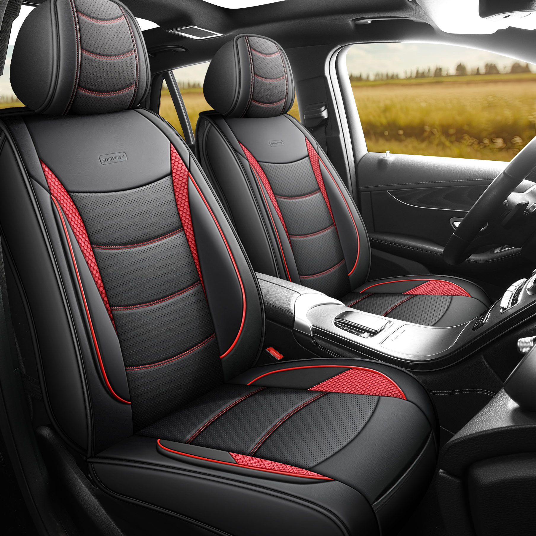 Luxury 5-Seat Car Seat Covers Full Set, Sport Black-Red Performance Style, Premium All-Season Interior Protection for Cars SUVs Trucks