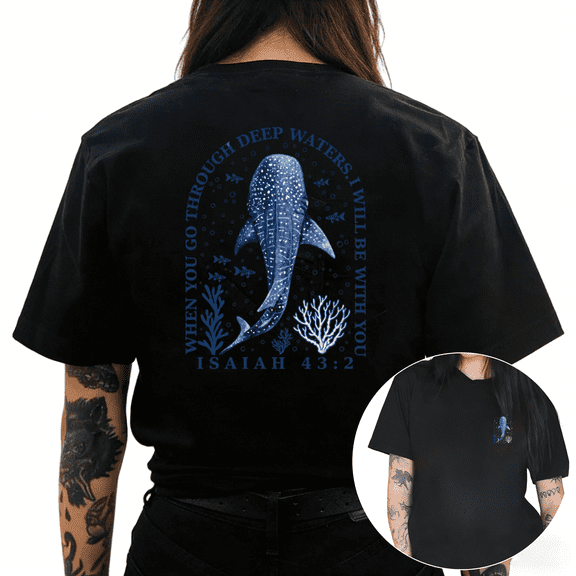 COZYMY Women's Red Whale Shark Deep Waters Graphic Tee Double Sided Vibrant Marine Life Print T Shirt Ocean Bible Verse Isaiah 43 2 Summer Casual Holiday Top