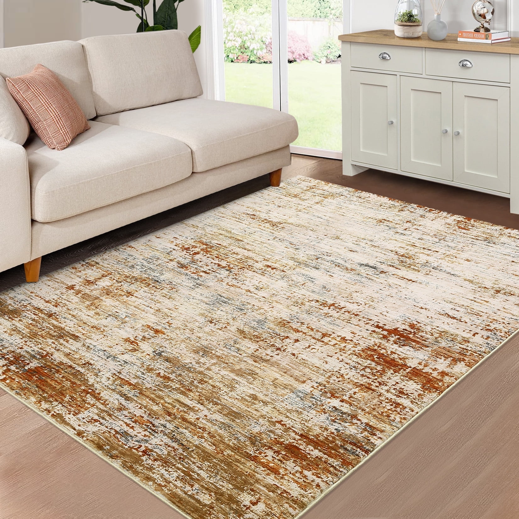 HOMERRY Rugs 5' x 7' Abstract Area Rug for Living Room Non Slip Low Pile Carpet, Orange