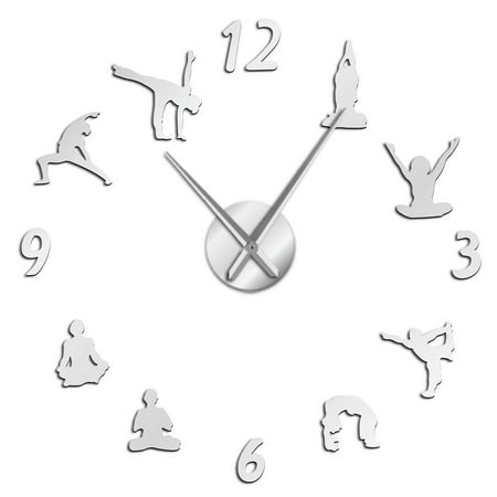 Yoga Modern Frameless Wall Clock Stickers, DIY Modern Decorative Clocks for Living Room, Bedroom, Office - Easy to Install, Large 3D Clock Design (Silver,37in)