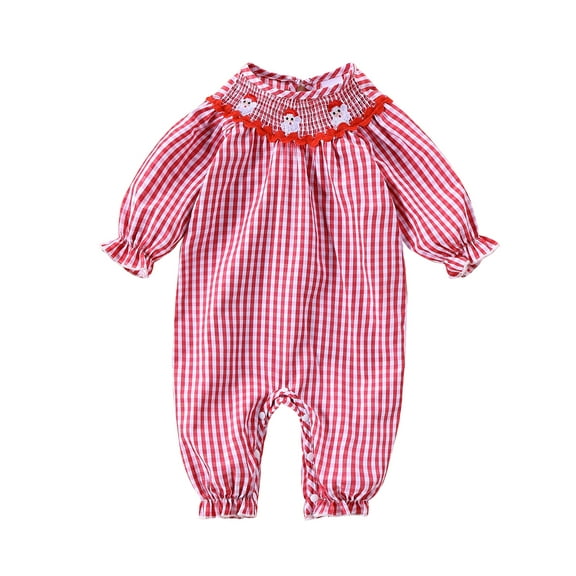 ZINTAOZT Newborn Baby Girl Christmas Smocked Romper Santa Plaid Print Jumpsuit Long Sleeve Puff Playsuit Xmas Outfit