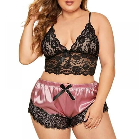 

Xinhuaya Women V Neck Lace Suspender and Satin Shorts Two-piece Pajamas Set Sleepwear
