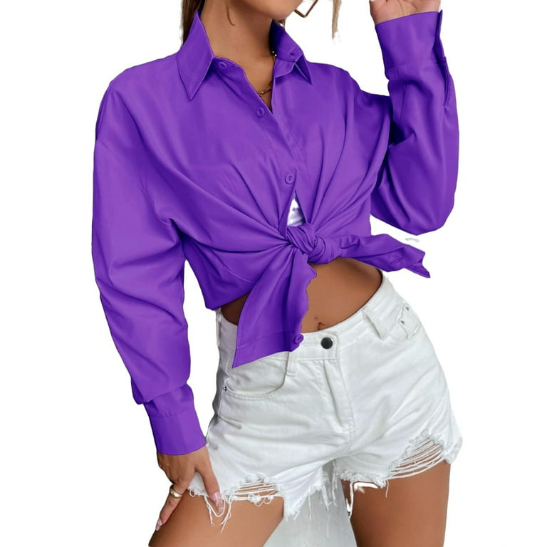 Violet Purple Casual Plain Shirt Collar Women's Blouses