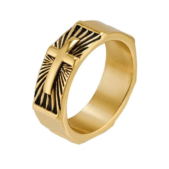 PAMTIER Men's Stainless Steel 8MM Personalized Vintage Cross Prayer Lucky Ring Gold Size 10