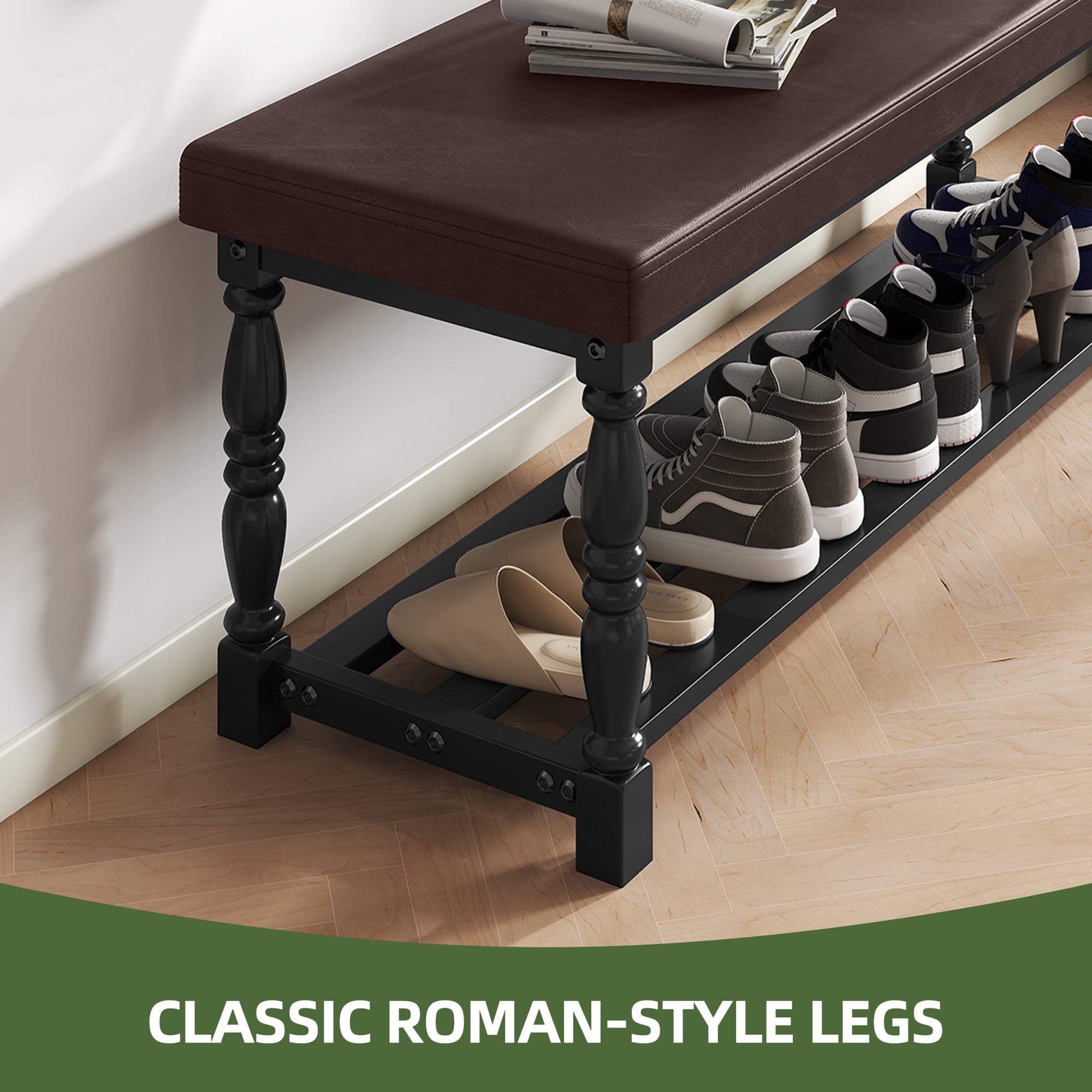Uforic 48" Rectangular Shoe Bench with Shelves, Storage & Cushioned  Seat,Shoe Rack with Roman Style Legs - Black & Brown