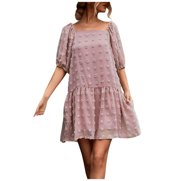 UHUYA Womens Dresses Spring And Summer Lantern Sleeve Wool Ball Square Neck  Casual Dress Pink XL 