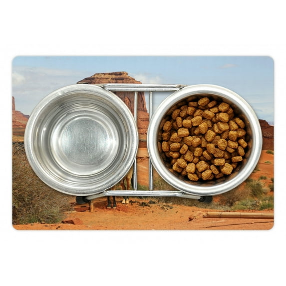Western Horse Pet Mat for Food and Water, Western Scenery in American Outdoors Desert Landscape Monument Valley, Non-Slip Rubber Mat for Dogs and Cats, 18" X 12", by Ambesonne