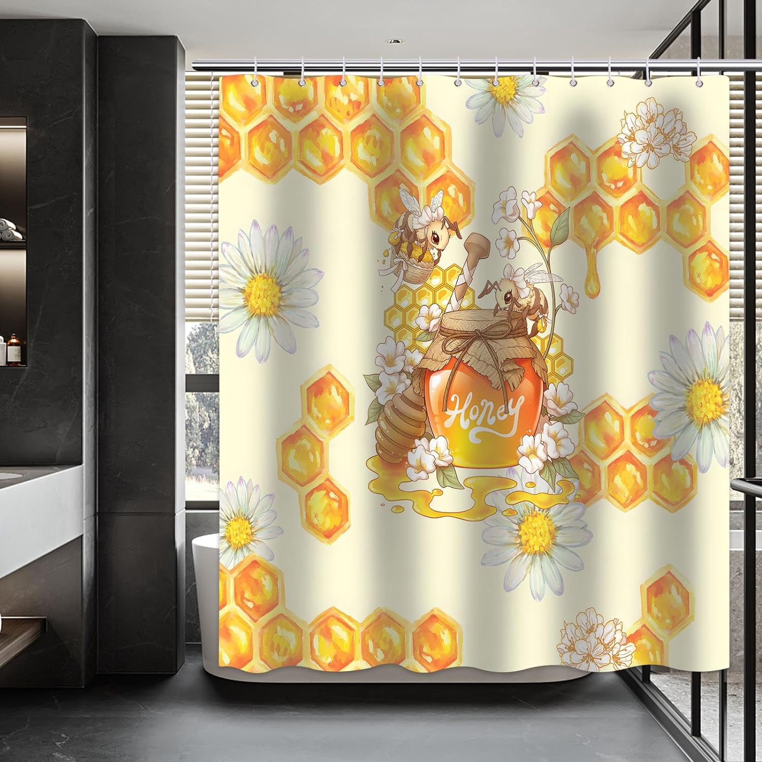 Uiiooazy Wood Stripe Barn Door Shower Curtain - Waterproof Fabric, Gnome Honey Bee Design, 72x72 Inches