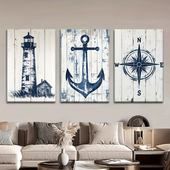 3pcs/Set, Canvas Painting--Unframed, Nautical Charts Lighthouse Anchor Compass, Posters And Prints, Living Room, Library, Office, Cafe, Bar, Abstract Art, Perfect Birthday, Holiday Gift, Valentine'S
