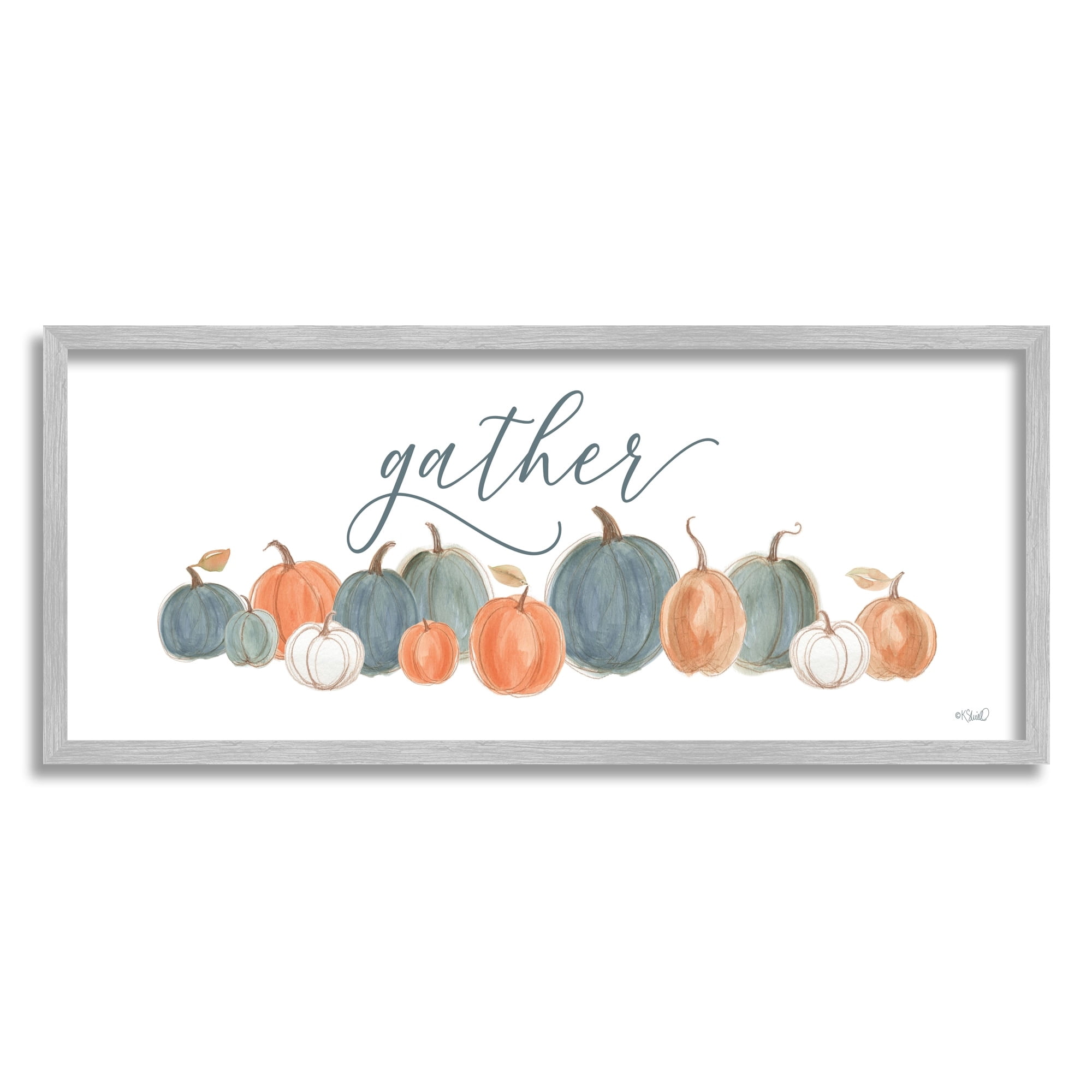 Gather Cursive Script Minimal Autumnal Pumpkins Arrangement Botanical & Floral Graphic Art Framed Art Print Wall Art