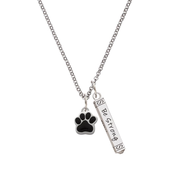 Delight Jewelry Silvertone Small Black Paw Silvertone Be Strong and Courageous Bar Charm Necklace, 23"