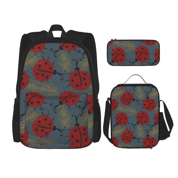 Disketp Ladybug Mochila Estampada de Gran Capacidad con Lonchera y Estuche, Set de 3 Piezas para Estudiantes