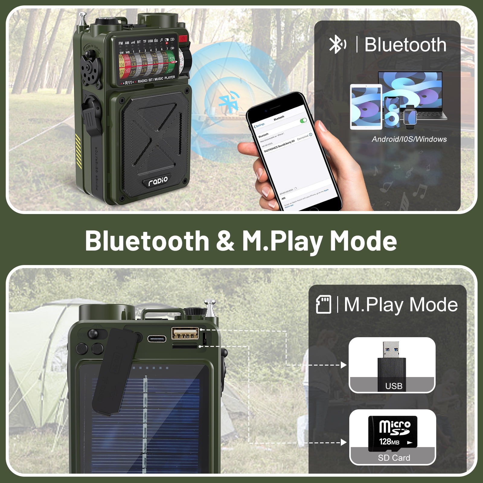 Greadio R11 Bluetooth Portable Emergency Radio, Battery Powered, Backlit, Small, Single Piece, Charging Cable & Storage Case, Green, R11