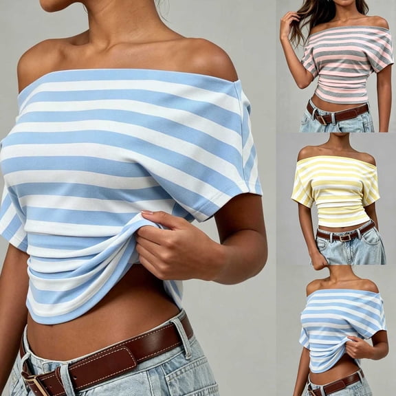 yillto Women off Shoudler Tops Striped Short Sleeve Shirts Casual Tunics Tees Ruched Slim Fashion Outfits