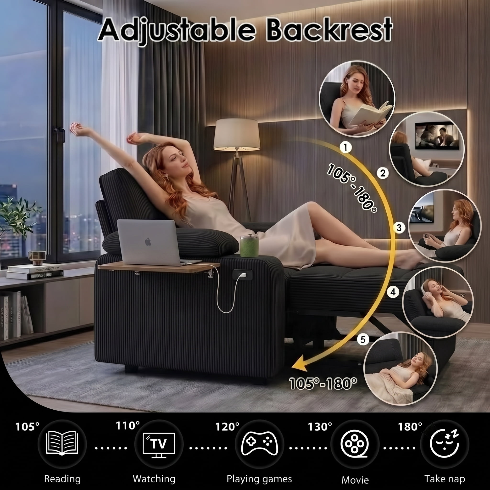 58" Sleeper Sofa Bed, Convertible Pull Out Couch Bed Corduroy Loveseat with Adjustable Backrest, USB Charging Ports, Cup Holders & Foldable Side Table for Living Room Apartment,Black