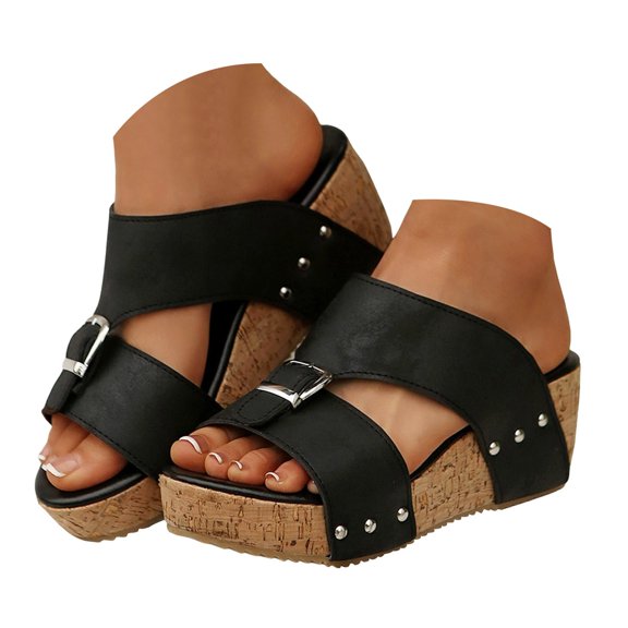IUJSOY Womens Sandals Platform Wedge Slippers Slip on Shoes Open Toe Cork Chunky Wedges Heels