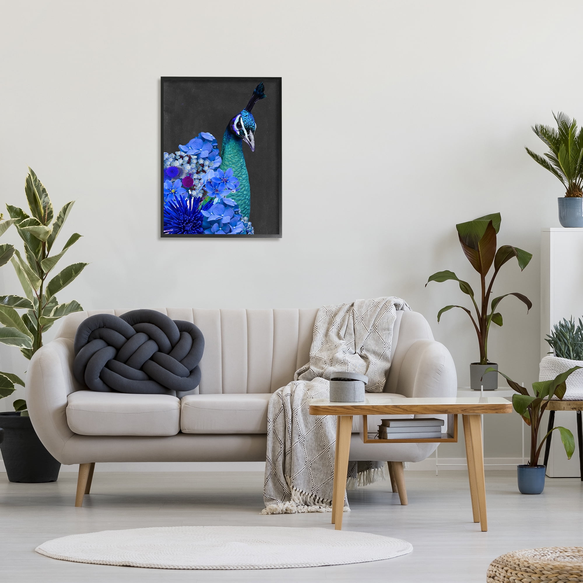 Stupell Industries Peacock with Blue Flowers Animals & Insects Painting Black Framed Art Print Wall Art, 24 x 30