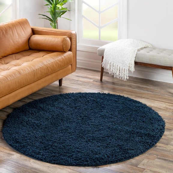 Unique Loom Solid Shag Collection Area Rug (7' 10" Round Sapphire Blue/Navy Blue)