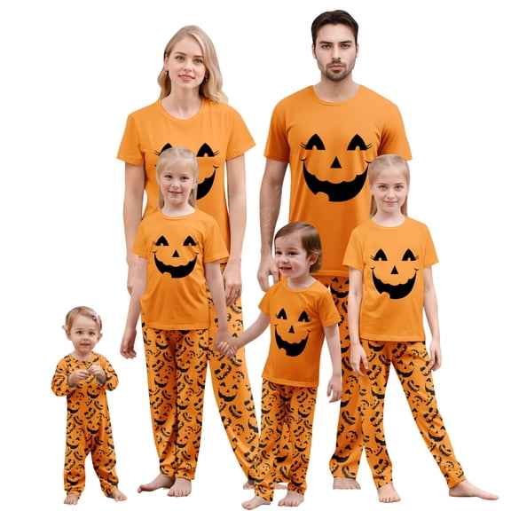 Onlypjs Family Halloween Pajamas Matching Sets Short Sleeve Pumpkin Face Orange Sleepwear Loungewear Outfits for Men Women Couples