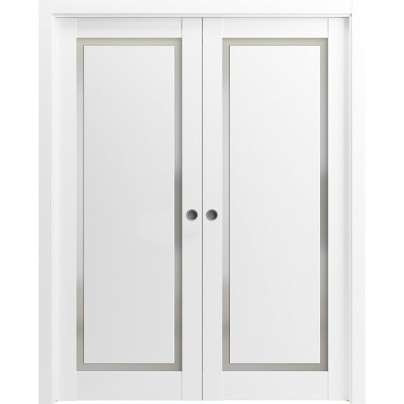 Sliding French Double Pocket Doors 48 x 80 inches | Planum 0888 Painted White with Frosted Glass | Kit Trims Rail Hardware | Solid Wood Interior Bedroom Sturdy Doors