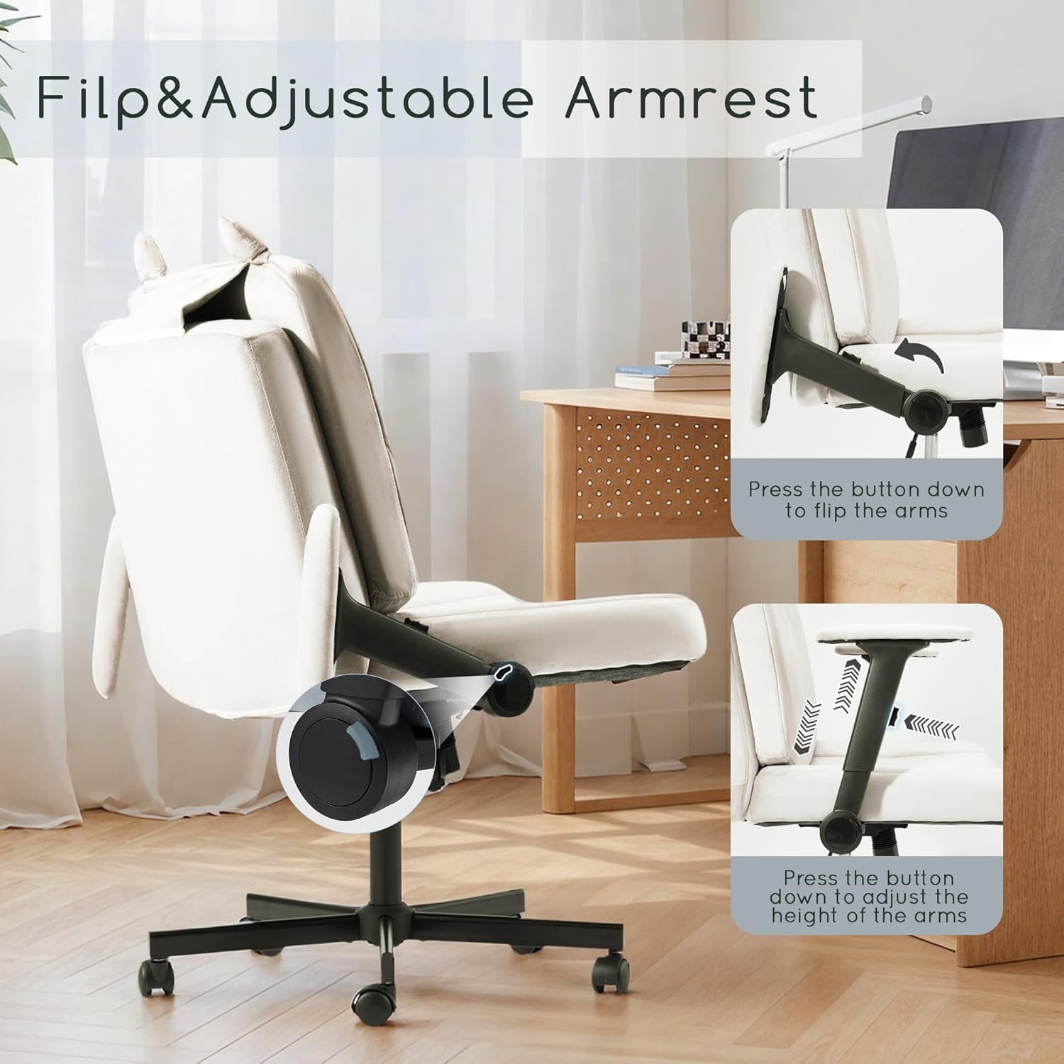 Vicluke Criss Cross Chair with Wheels, Oversized Office Chair Featuring Extra-Wide Seat & Adjustable Backrest for Home Office, Cute & Comfortable Chair for Dressing, Gaming, Reading(Beige)