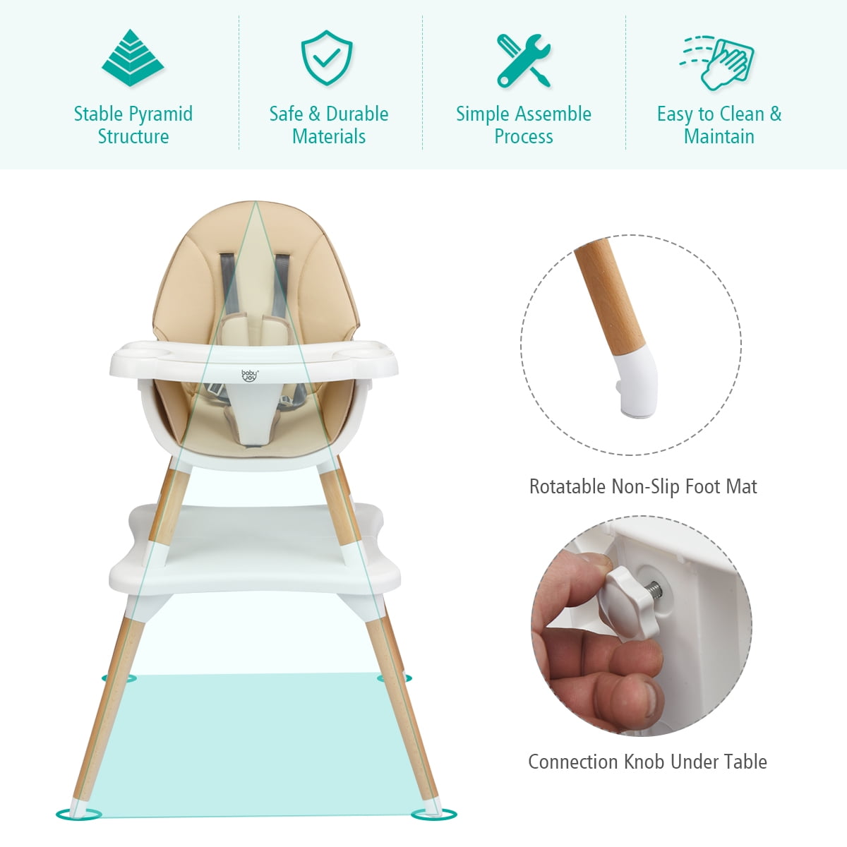 BABY JOY 5 in 1 High Chair Infant Wooden Highchair w/ 5-Point Harness Convertible High Chairs for Babies and Toddlers/Booster Seat/Table and Chair Set 4-Position Removable Tray & PU Cushion Coffee 