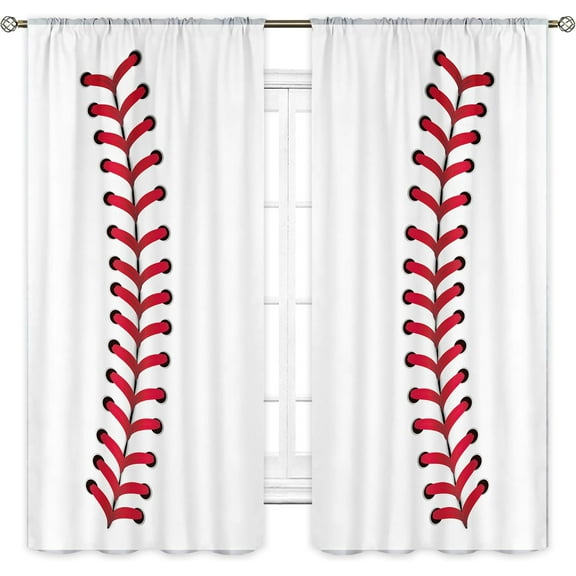 Boys Baseball Curtains Rod Pocket 42W x 63L Inch Sports Red Baseball Wall Decor for Kids Men Baseball Texture Teen Nursery Cool Art Printed Bedroom Living Room Window Drapes Fabric 2 Panels