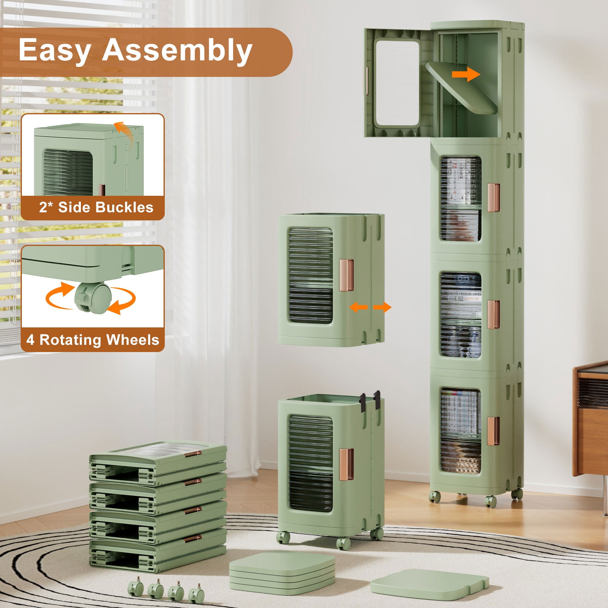 VECELO 65.4 in Folding Stackable Box Organizer with Wheels, Light Green, Set of 4 Count Pack