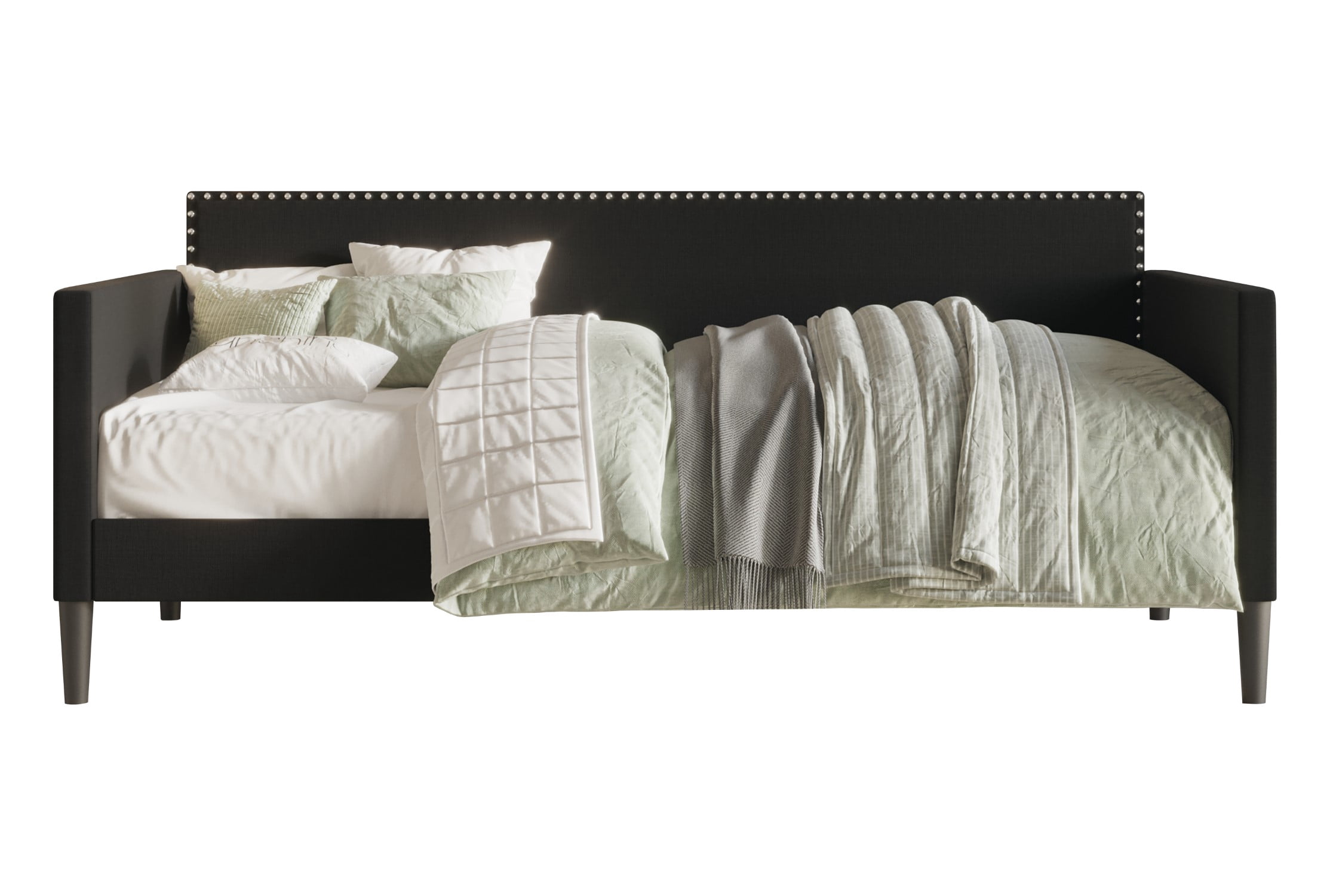 Home Design Sutton Twin Daybed with Upholstered Frame, Square Arms, Nailhead Trim, Comfortable Polyester Fabric, Stylish Seating and Sleeping Solution, Black