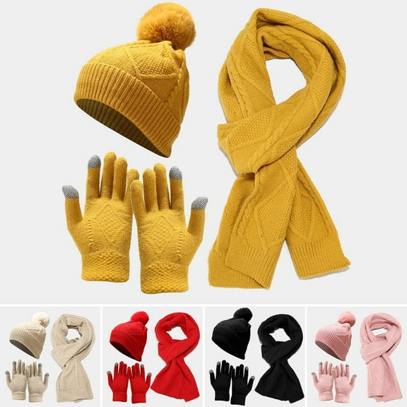 Naierhg Beanie 1 Set Autumn Winter Unisex Hat Scarf Gloves Fleeced Lined Fashion Pattern Plush Ball Knitted Beanies Cap for OutdoorBeige