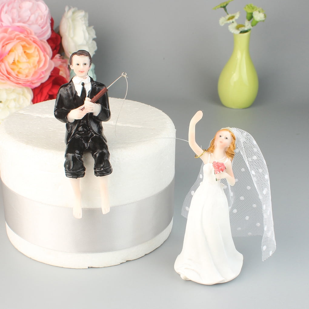 2pcs Couple Fishing Bride Groom Resin Romantic Cake Doll