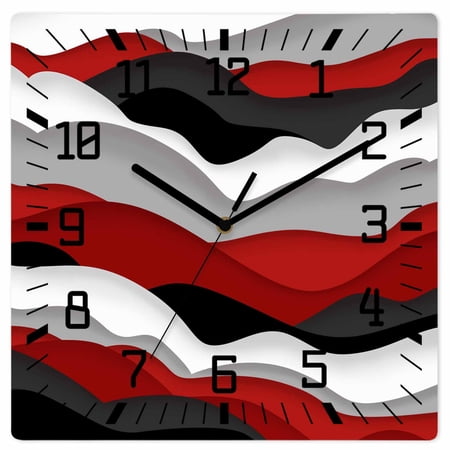 Red Black Ombre Wooden Wall Clock Silent Non Ticking, Modern Geometric Moire Abstract Art Square Wall Clocks Battery Operated, Decor Clock for Home Office, Living Room, Kitchen, 10 Inch